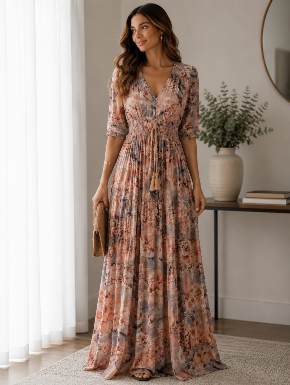 Jaase Peach and Dusty Blue Boho Floral Maxi Dress